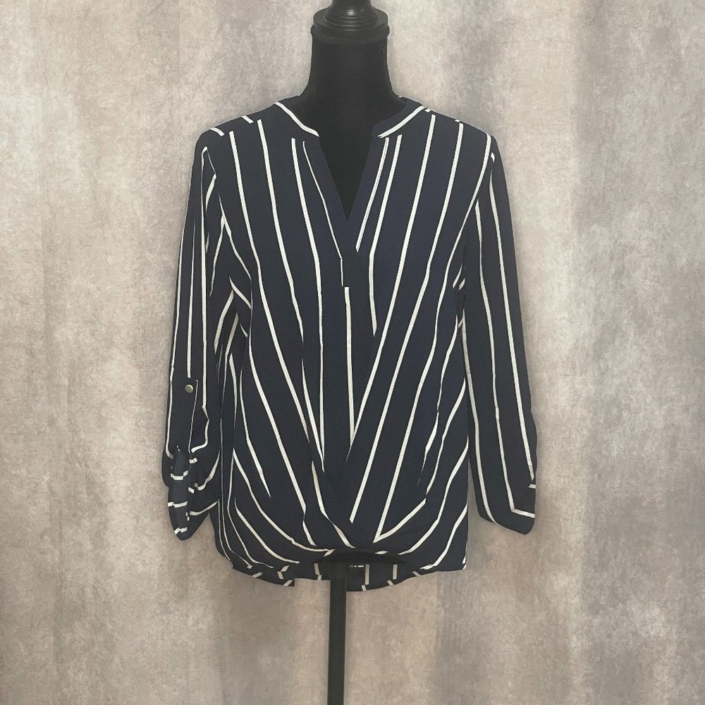 Navy Blue/White Semi-Sheer Top/Blouse/Shirt~ size L